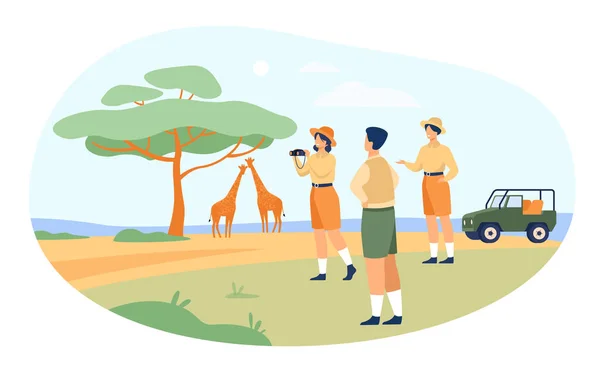 Safari tourists enjoying adventure travel, watching animals and taking pictures of African landscape, flora and fauna. Vector illustration for jeep tour in Kenya, savannah, journey concept