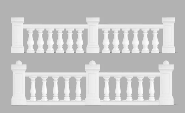 Marble balustrade, white balcony railing or handrails. Banister or fencing sections with decorative pillars. Panels balusters for architecture design isolated elements Realistic 3d vector illustration