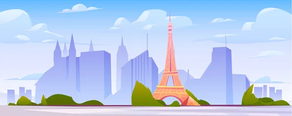 Paris urban landscape vector cartoon illustration with famous landmark, Eiffel Tower and city skyline silhouette background, horizontal banner with blue cloudy sky and buildings, panoramic view