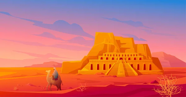 Egypt desert with Hatshepsut temple, camel with arab, mountain and tumbleweed. Vector cartoon landscape of egyptian ancient landmark. Pharaoh tomb in Sahara at sunset