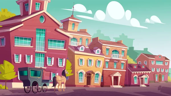 Horse Stagecoach Stand Empty Antique Street Colorful Low Rise Buildings Stock Illustration