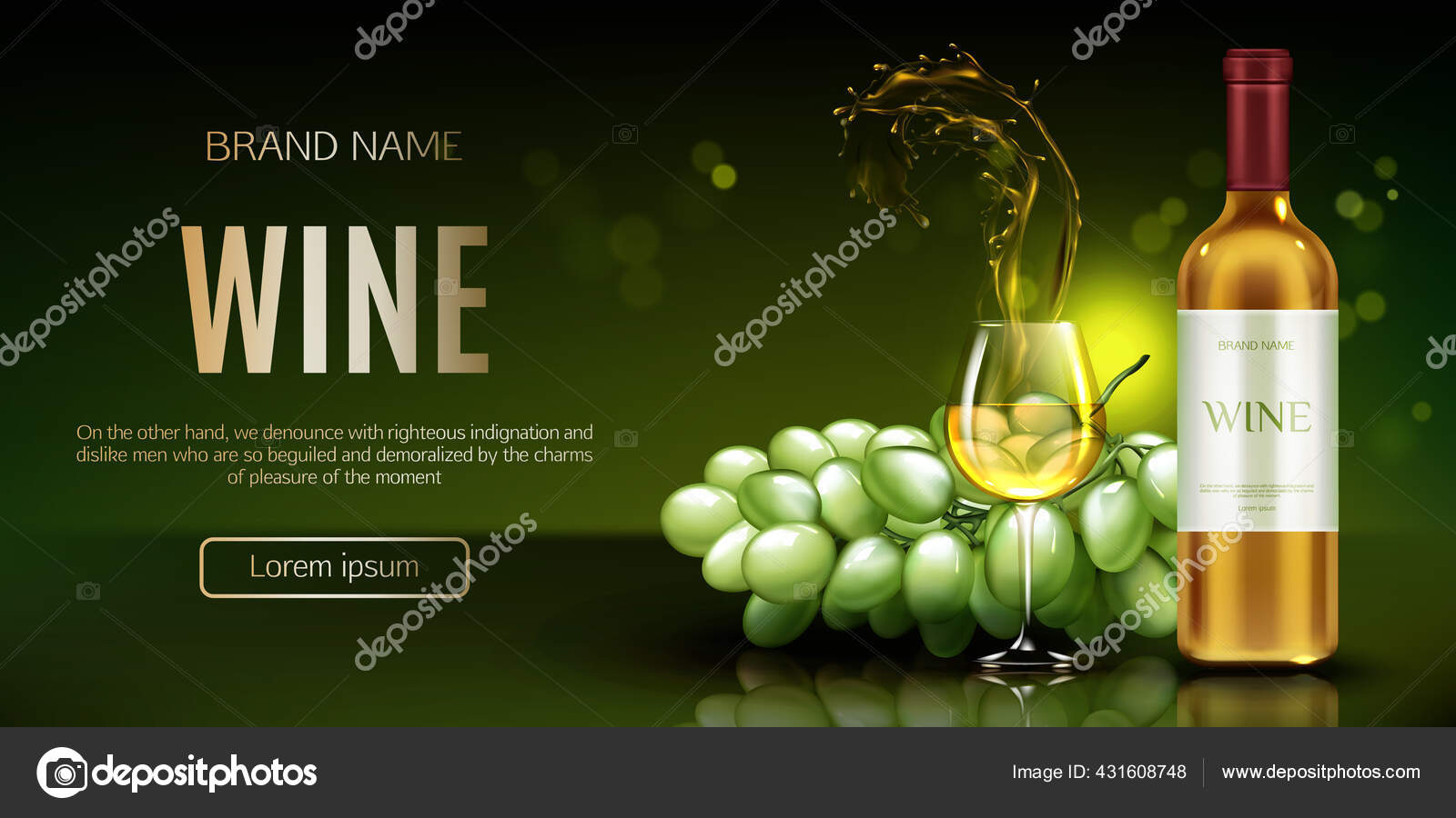 Download White Wine Bottle Glass Splash Bunch Grapes Mockup Banner Closed Vector Image By C Illustratorgold Vector Stock 431608748