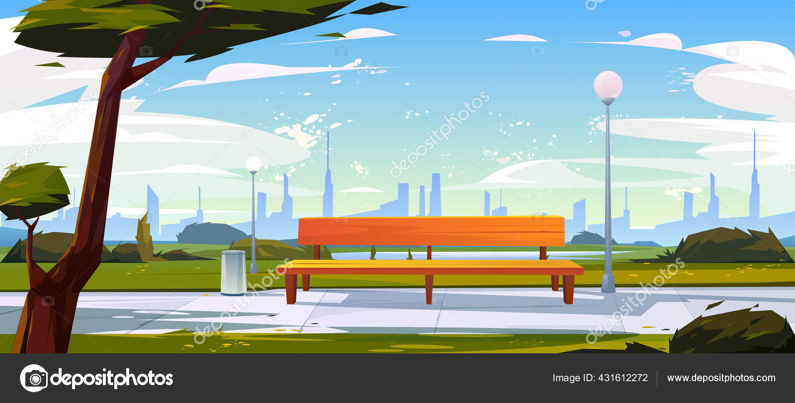 公园的长凳夏季景观与城市景观背景空的公共场所步行和娱乐与绿色树木垃圾箱和路灯城市花园卡通矢量插图 图库矢量图像 C Illustratorgold