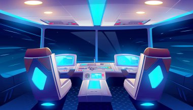 Gece jet kokpit, pilotlar için koltuklar ile boş uçak kabin iç, navigasyon monitörleri ile neon parlayan uçuş güvertesi, kontrol paneli ve pencerelerde yıldızlı gökyüzü görünümü. Karikatür vektör illüstrasyon