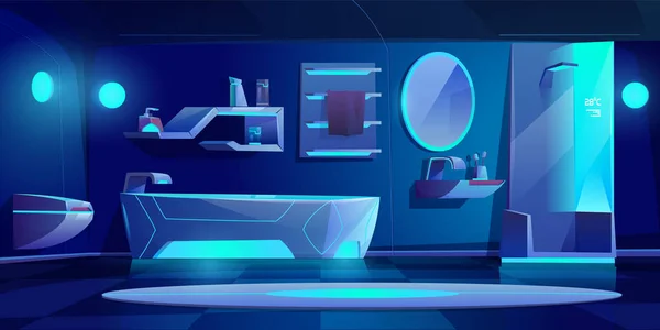 Futuristic bathroom interior with furniture and stuff glowing with neon light at darkness, bath tub, shower cabin, washbasin, toilet bowl, mirror, shelf, night modern home. Cartoon vector illustration