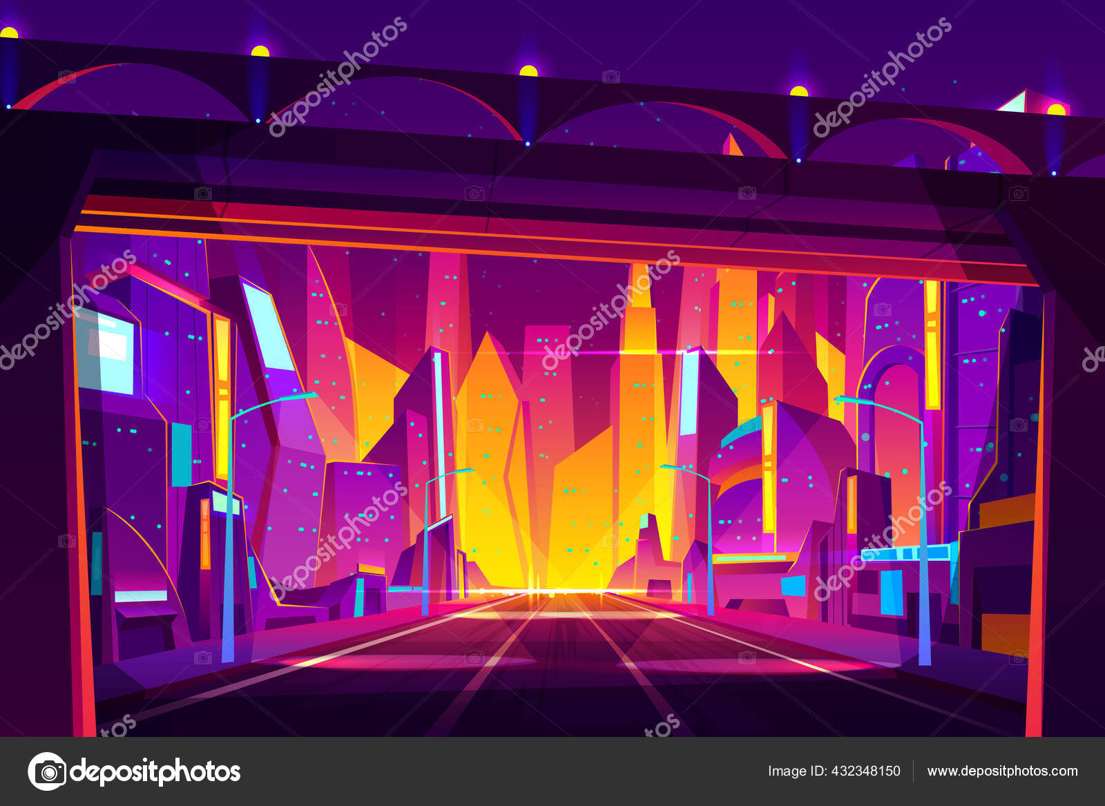 现代都市夜路漫画书的载体未来派建筑房子摩天大楼城市道路上的桥或高速公路上的插图用明亮的霓虹灯色未来城市背景