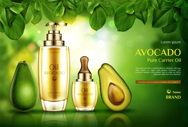 Avocado cosmetics oil. Organic product bottles with pomp and dropper mockup on green background with tree leaves. Natural eco skin care cosmetic, advertising promo template. Realistic 3d vector banner