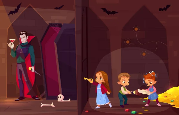 Quest escape room for kids entertainment cartoon vector concept. Little children with map and flash light, searching exit from treasury in dark dungeon, opening door to room with evil vampire inside — Stock Illustration Quest Escape Room Kids Entertainment Cartoon Vector Concept Little Children Royalty Free Stock Vectors