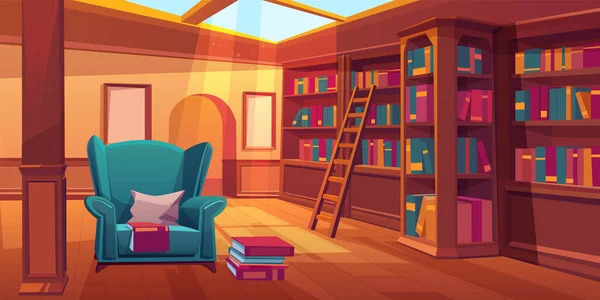 Place for reading books, home library interior, empty room with wooden bookshelves, ladder, cozy armchair with pillow, glass window on roof, literature storage, athenaeum. Cartoon vector illustration