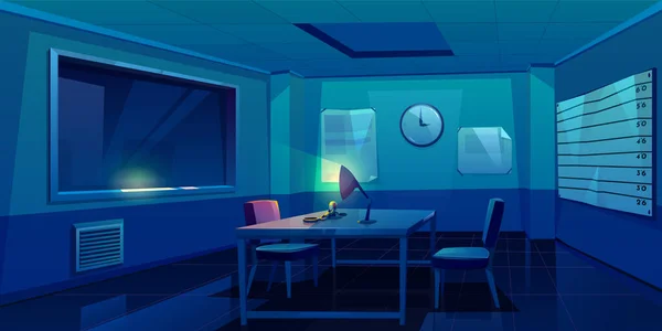 Interrogation room in police station, dark empty interior for questioning crimes with handcuffs and glowing lamp on table, place for interview arrested people in night time Cartoon vector Illustration — Stock Illustration Interrogation Room Police Station Dark Empty Interior Questioning Crimes Handcuffs Royalty Free Stock Vectors