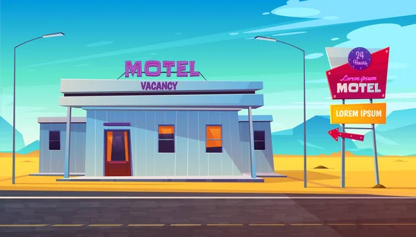 Small, 24 hours, roadside motel building with illuminated road sign near highway in dessert area cartoon vector illustration. Comfortable accommodation for car travelers. Touristic infrastructure