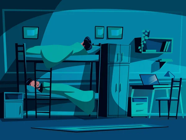 College dormitory vector illustration of classmates sleeping on bunk bed at night. University student hostel interior background with furniture, computer laptop on table, bookshelf and chair
