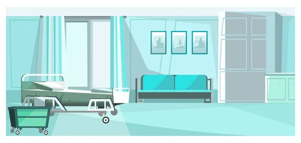 Hospital room with bed on wheels vector illustration. Blue private room un clinic with comfortable sofa, pictures on wall and dresser. Patients room illustration