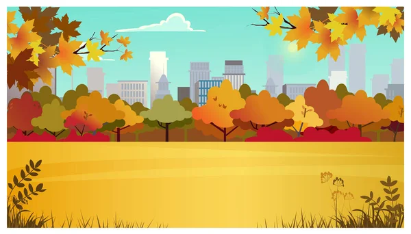 Suburban area with meadow, autumn trees and city buildings in background. Cityscape, nature concept. Flat style vector illustration. For leaflets, brochures, wallpapers, posters or banners. — Stock Illustration Suburban Area Meadow Autumn Trees City Buildings Background Cityscape Nature Vector Graphics
