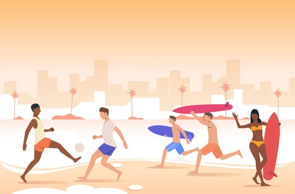 People playing with ball, holding surfboards on city beach. Leisure, holiday, activity concept. Vector illustration can be used for topics like summer, tourism, vacation