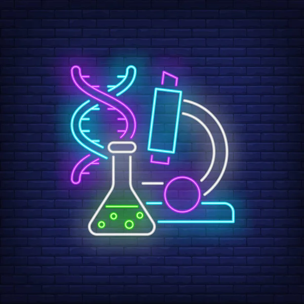 Laboratory neon sign. Chemical beaker, microscope, DNA molecule. Back to school concept. Vector illustration in neon style, glowing element for topics like science, chemistry, biology