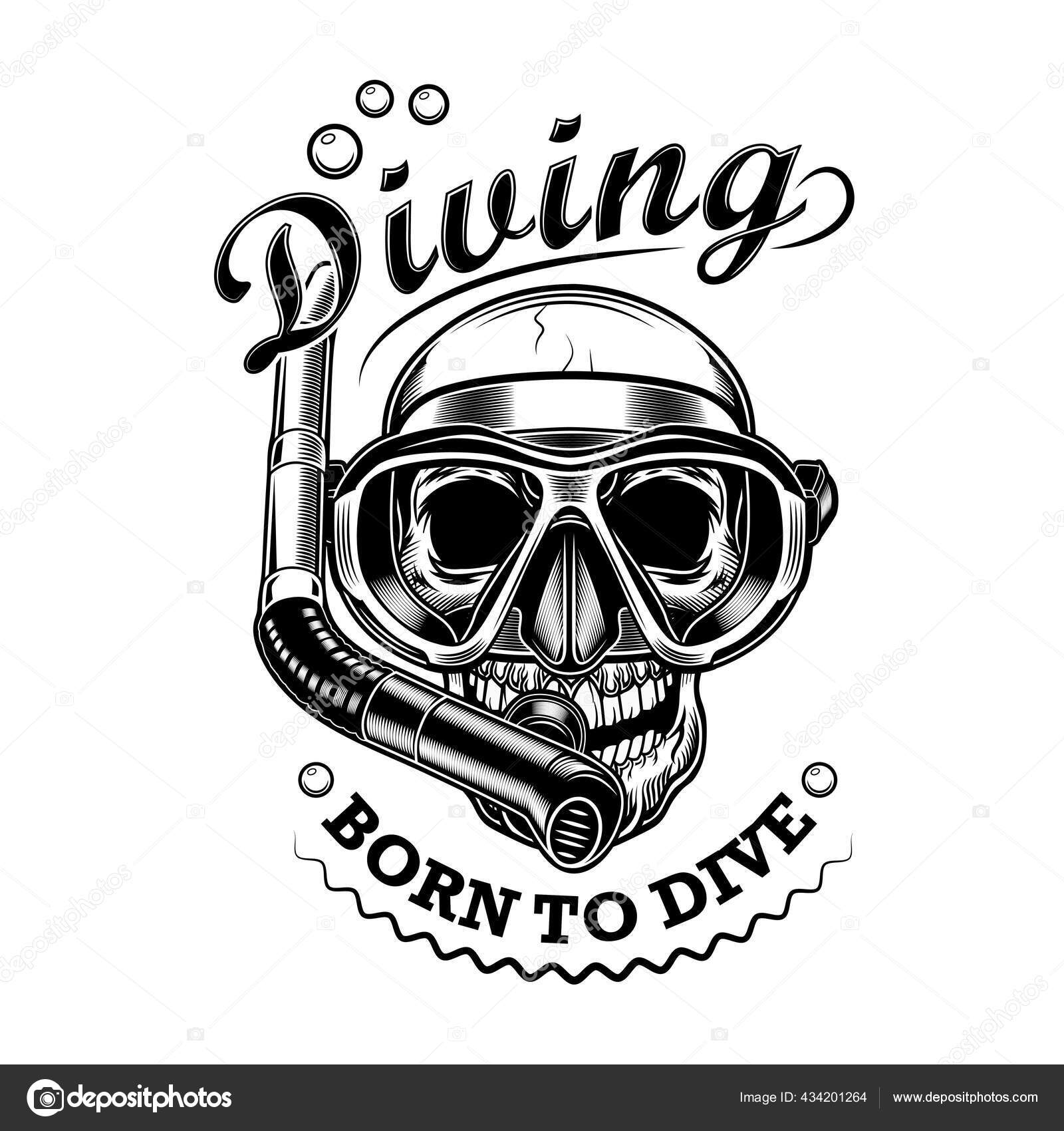 Snorkeler Skull Vector Illustration Head Skeleton Mask Tube Born Dive