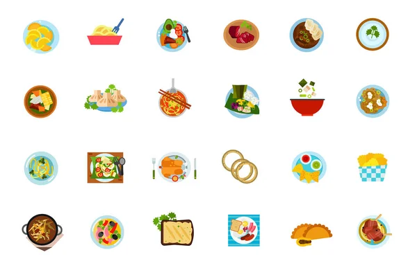 Traditional food icon set. Dumpling Noodle Sobrebarriga Sudada Basturma Beef Goulash Bechamel Sause Khinkali Nam Ngiao Laulau Miso Soup Boxty Gado-Gado Chicken Onion Rings Tortilla Chips Harira — Stock Illustration Traditional Food Icon Set Dumpling Noodle Sobrebarriga Sudada Basturma Beef Vector Graphics