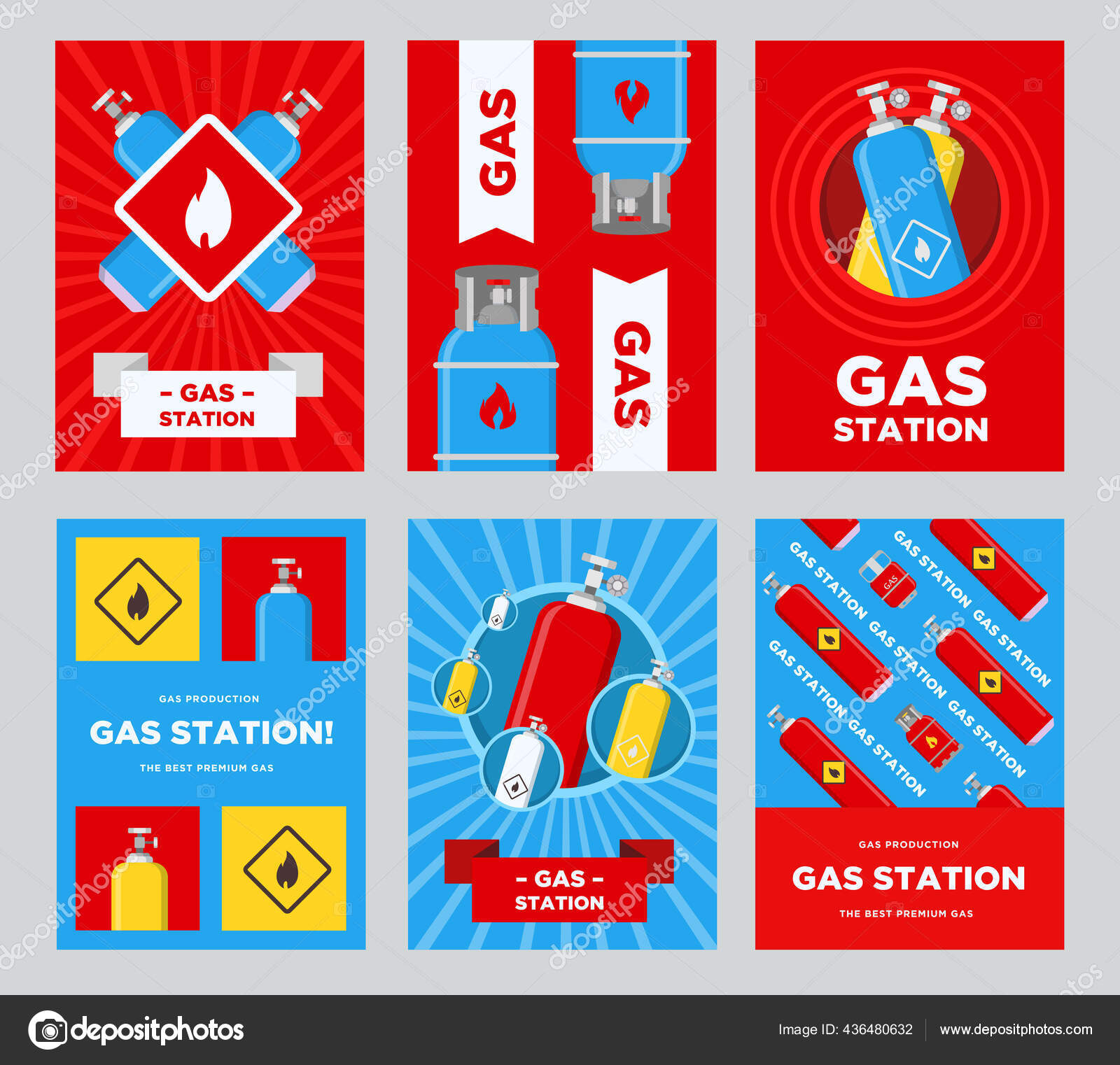 Gas Station Flyers Set Cylinders Balloons Flammable Sign Vector