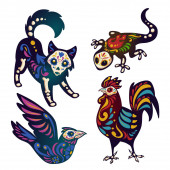 Dia de los Muertos, mexikanischer Totentag mit Tierskeletten. Vector Cartoon Set aus schwarzem Hund, Vogel, Hahn und Eidechse mit buntem Knochenmuster, Totenköpfen, Feuer und Blumen isoliert auf weiß