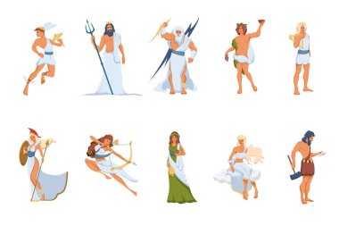 Greek gods and goddesses set. Athena, Hermes, Venus, Poseidon, Zeus, Dionysus, Artemis, Hephaestus, Demeter, Apollo. Vector illustration for ancient Greece, mythology, culture concept vector Greek gods and goddesses set. Athena, Hermes, Venus, Poseidon, Zeus, Dionysus, Artemis, Hephaestus, Demeter, Apollo. Vector illustration for ancient Greece, mythology, culture concept vector