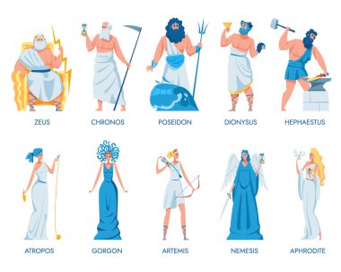 Ancient Greek gods and goddesses set. Zeus, Dionysus, Artemis, Hephaestus, Chronos, Atropos, Gorgon, Nemesis, Aphrodite, Poseidon. Vector illustration for Greece, myth, culture, history concept vector Ancient Greek gods and goddesses set. Zeus, Dionysus, Artemis, Hephaestus, Chronos, Atropos, Gorgon, Nemesis, Aphrodite, Poseidon. Vector illustration for Greece, myth, culture, history concept vector