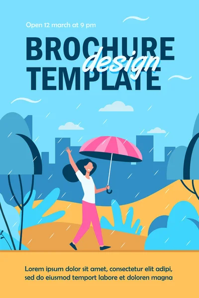 Happy woman walking in rainy day with umbrella isolated flat vector illustration. Cartoon female character being outdoors and autumn rain. Landscape and weather concept