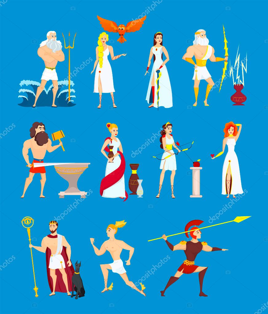 Cartoon Greek Gods Set Ancient Olympian Heroes Isolated On Blue Background Poseidon Zeus Hephaestus Ares Hermes Athene Aphrodite Hades Demeter Artemis Flat Vector Illustration Larastock