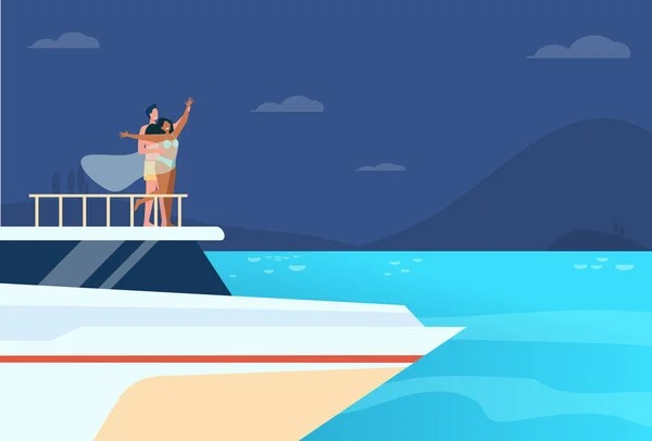 Happy young couple having fun on yacht. Guy and girl on snout of ship, boat or liner. Flat vector illustration. Sailing, vacation, cruise concept for banner, website design or landing web page