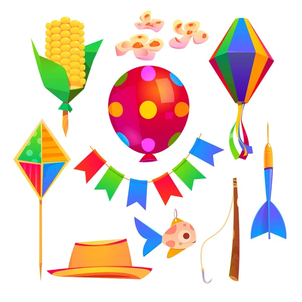 Festa Junina party cartoon elements hat, kite, flags garland and fishing rod with hook and fish, balloon, paper lantern and darts with corn on stick, flowers isolated on white background Vector set