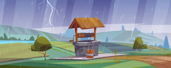 Old stone well with drinking water on green hill at rainy weather. Vector cartoon summer landscape vintage well with wooden roof, pulley and bucket. Summer storm with rain and lightning