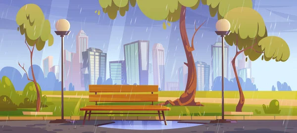 City park with bench at rainy weather, summer or spring rain scenery cityscape background, empty public place with puddle, street lamps and wet pathway. Dull urban garden Cartoon vector illustration