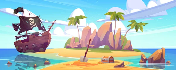 Tropical island with treasure chest and broken pirate ship. Vector cartoon sea landscape with sail boat after shipwreck with skull on black sails, palm trees and gold coins on uninhabited island — Stock Illustration Tropical Island Treasure Chest Broken Pirate Ship Vector Cartoon Sea Stock Illustration
