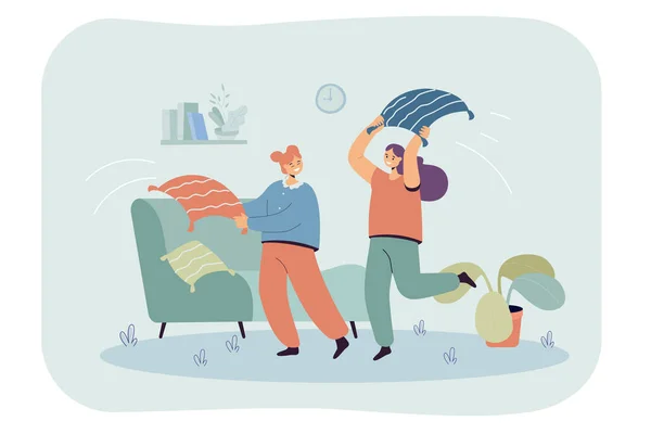 Cartoon Girls Fighting Pillows Living Room Flat Vector Illustration Happy Vector Graphics