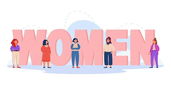 Giant Letters Word Women Tiny Girls Nearby Flat Vector Illustration Royalty Free Stock Illustrations