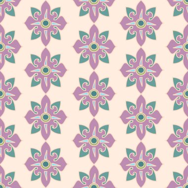 Kusursuz, soyut mavi ve leylak desenlerini resmi çiçek biçimlerinde tekrarlayan vektör retro