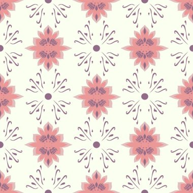 Beyaz arkaplanda düzenli bir düzende pembe ve mor renkli şekillerin kusursuz tekrarlayan vektörü.