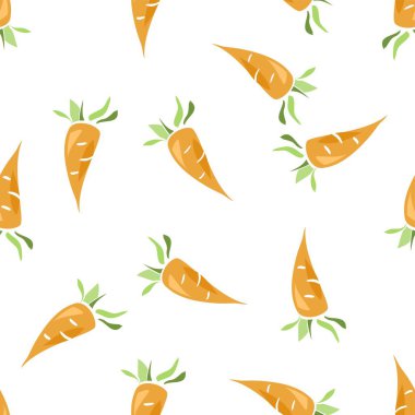 Kusursuz vektör, dağınık bir düzende beyaz arka planda turuncu ve yeşil havuç desenlerini tekrarla