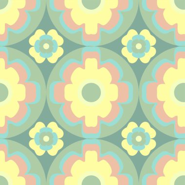 60 'lı yıllardaki kusursuz geometrik desenli, sarı, pembe ve yeşil renk paleti olan tasarım.