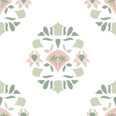 Beyaz bir zemin üzerinde simetrik bir şekilde soluk pembe ve yeşil renkte tekrarlanabilir soyut geometrik şekil deseni