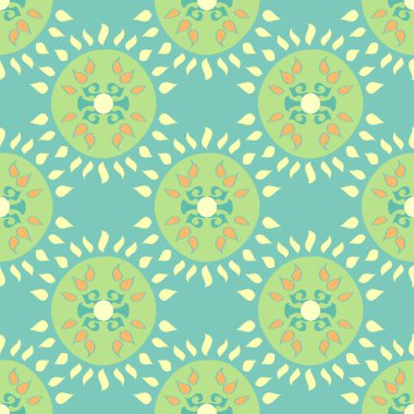 Yuvarlak şekilli ve dekoratif, simetrik şekilli, tekrarlanabilir soyut geometrik mavi ve yeşil desenli vektör.