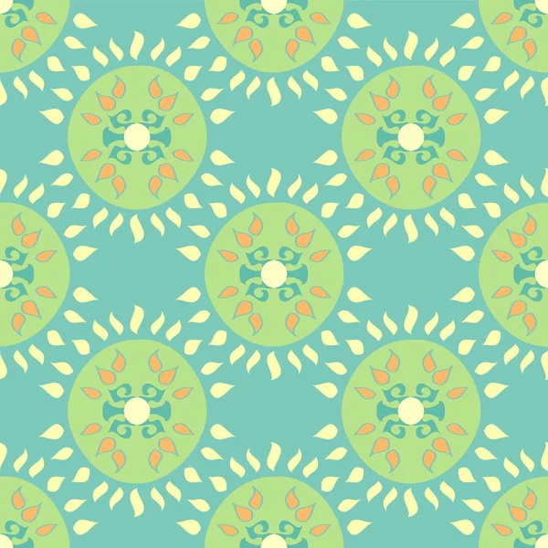 Yuvarlak şekilli ve dekoratif, simetrik şekilli, tekrarlanabilir soyut geometrik mavi ve yeşil desenli vektör.
