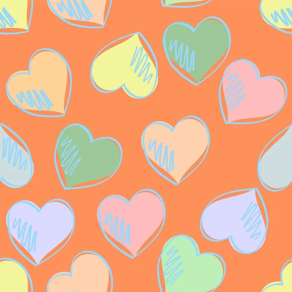 Бесшовный Вектор Повторяющий Абстрактный Рисунок Разбросанных Сердец Пастельном Многоцветии Оранжевом — стоковый вектор