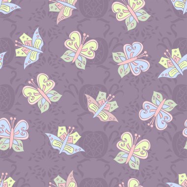 Dekoratif kelebek desenini Pastel renkte tekrar eden vektör deseni desenli mor arka planda gölgeler