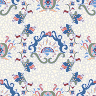 Yinelenen vektör dekoratif porselen deseni asil mavi, pembe ve gri arkaplanda dalgalı çizgiler ve zarif süslü çiçeklerle.