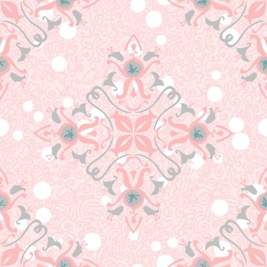 Benekli arka plan ve dekoratif karalama elementleri üzerinde soluk pembe ve gri elmas şekilli vektörsüz ve süslü deseni tekrarla