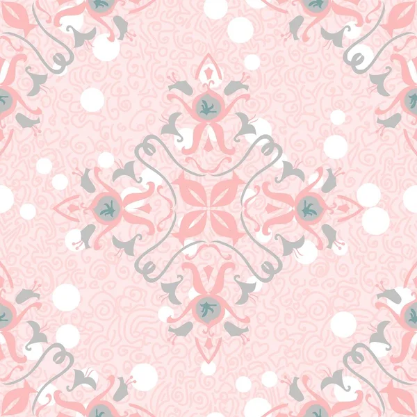 Benekli arka plan ve dekoratif karalama elementleri üzerinde soluk pembe ve gri elmas şekilli vektörsüz ve süslü deseni tekrarla