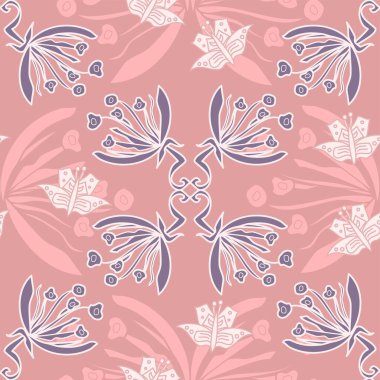 Tekrar eden pembe ve mor kır çiçeği ve kelebek vektörü simetrik düzende kusursuz desen ve beyaz dekoratif dokunuşlar