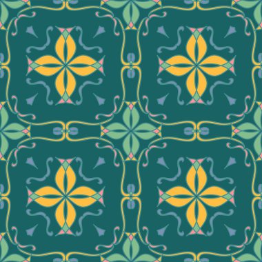 Zümrüt renginde zarif resmi fayans tarzı vektör yinelemesi ve yeşil ve hardal sarısı kıvrımlı çizgiler ve dekoratif elementlerle simetrik bir formda.