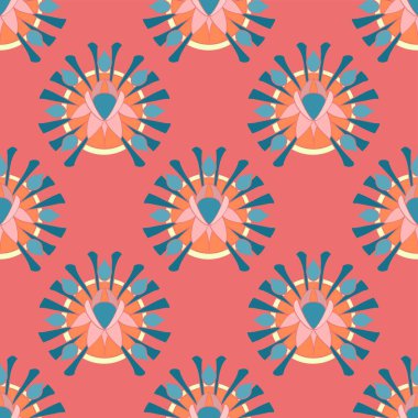 Art Deco tarzında, pembe ve mavi çiçekli ve mercan pembesi arkaplanda yıldız patlaması şekilli kusursuz simetrik deseni tekrarla